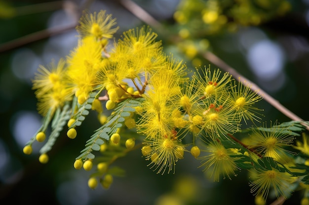 Árbol de mimosa en plena floración con sus delicadas flores y pétalos amarillos visibles