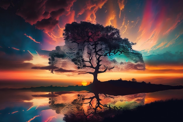 Árbol místico rodeado de colorido atardecer con siluetas de nubes