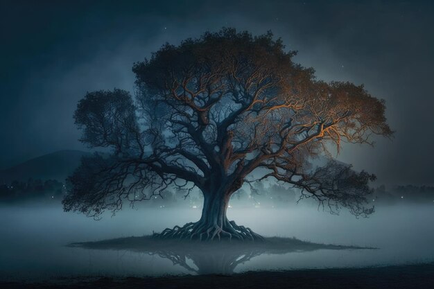 Árbol místico rodeado de niebla brumosa en una noche oscura y tormentosa