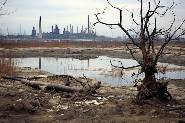 Árbol muerto en la contaminación industrial con fábricas en el fondo