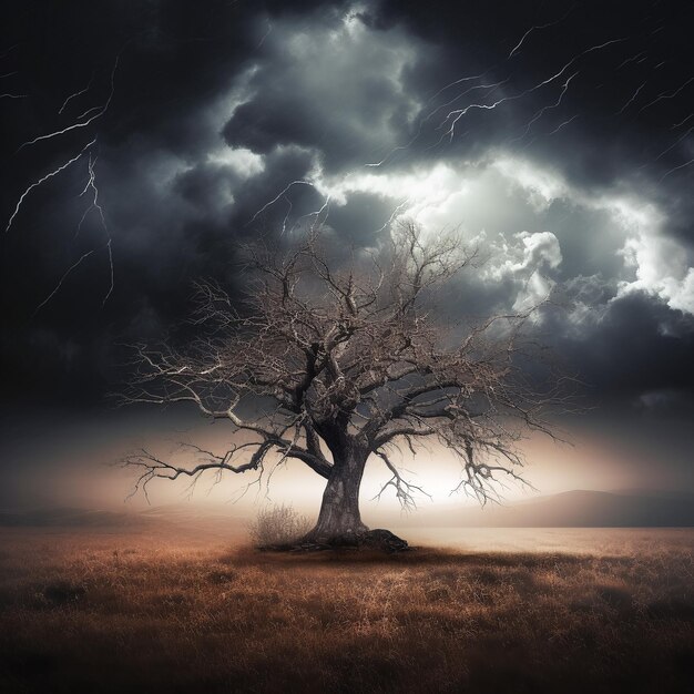 Árbol muerto en tierra árida en medio de tormenta eléctrica IA generativa