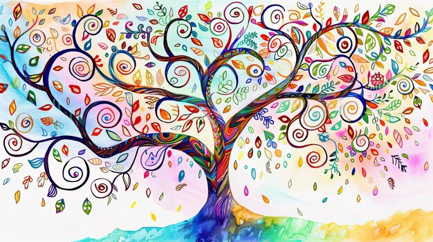 Árbol multicolor con patrones Arte de garabateo abstracto Bosque psicodélico Hojas tronco corteza vida corona rama hueca arbusto raíz ramas de papel Generadas por IA