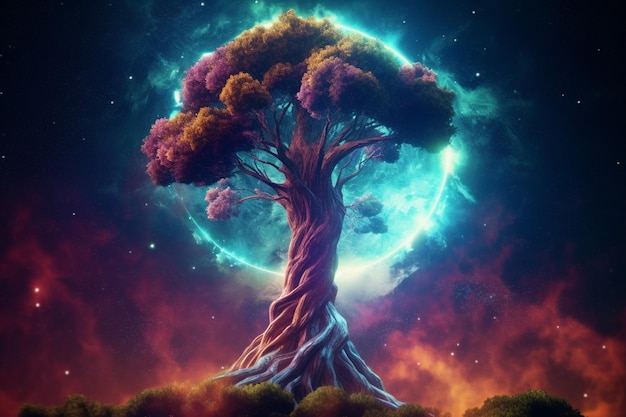 Árbol del mundo de Yggdrasil en una nebulosa galáctica