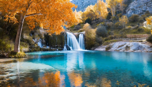 Árbol de naranja con agua azul