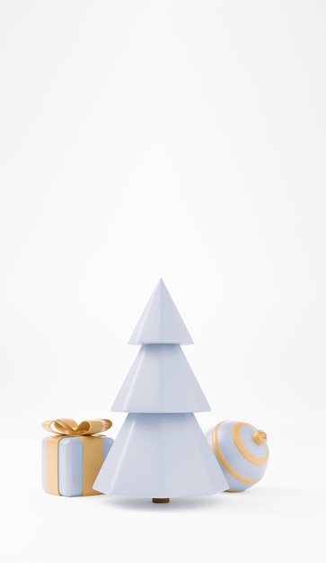 Árbol de Navidad 3D con caja de regalo y fondo vertical de bola, cartel de Navidad, banner web. Ilustración 3d estilo minimalista concepto de Navidad y año nuevo.