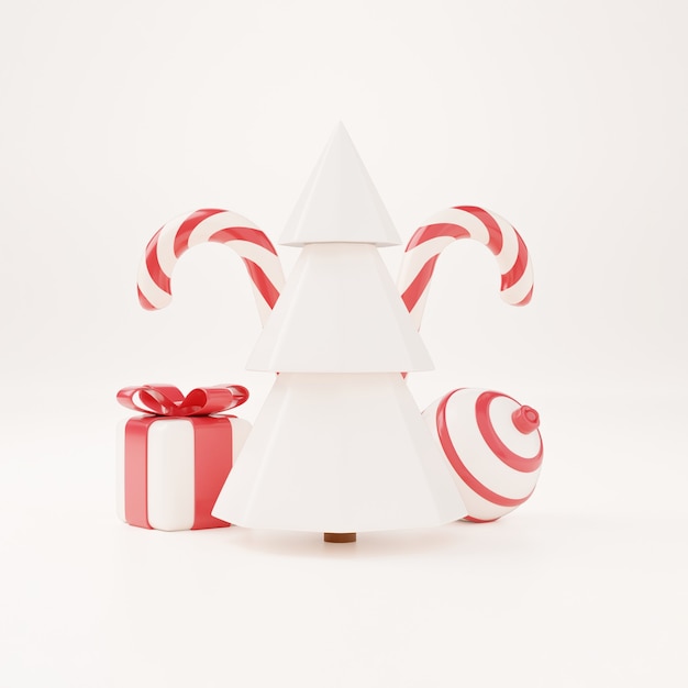 Árbol de Navidad 3D con caja de regalo roja y bola de fondo blanco, cartel de Navidad, banner web. Ilustración de render 3d estilo minimalista concepto de navidad y año nuevo