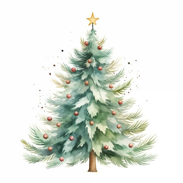 Árbol de Navidad de acuarela con ilustración de dibujo de mano de estrella sobre fondo blanco