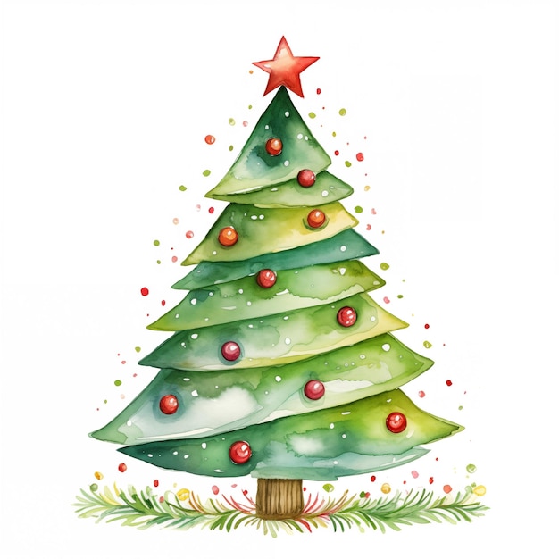 Árbol de Navidad de acuarela con ilustración de dibujo de mano de estrella sobre fondo blanco