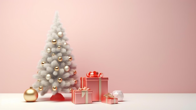 Árbol de Navidad adornado con bolas y regalos sobre un fondo rosa