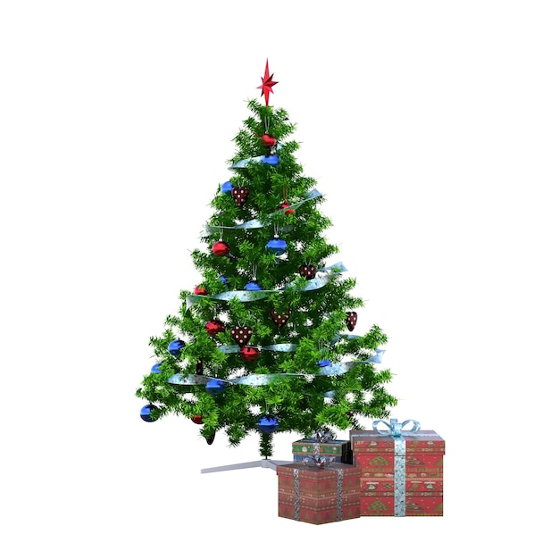 Árbol de Navidad con adornos, aislado sobre fondo blanco, ilustración 3D, cg render