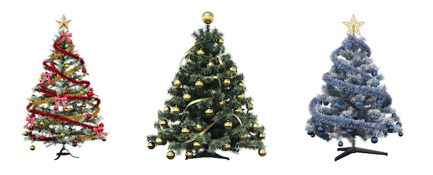 Árbol de Navidad con adornos, aislado sobre fondo blanco, ilustración 3D, cg render