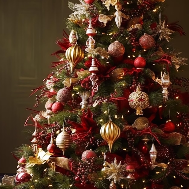 Árbol de Navidad con adornos y decoraciones clásicos estilo casa de campo y cabaña inglesa Feliz Navidad y Felices Fiestas deseos postprocesados generativos ai