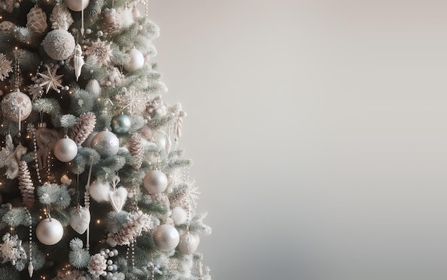 Árbol de Navidad con adornos para decoraciones sobre un fondo blanco. Copiar espacio para anuncios de texto.