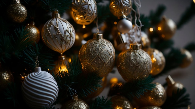 Árbol de Navidad con adornos dorados y plateados sobre un fondo oscuro
