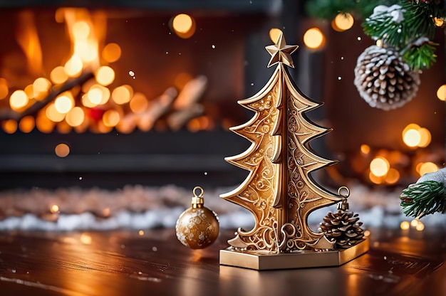 Árbol de Navidad con adornos junto a la chimenea con luces en el salón.