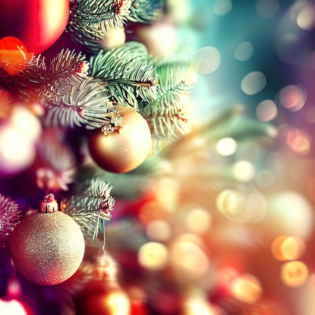 Árbol de Navidad con adornos y luces brillantes borrosas