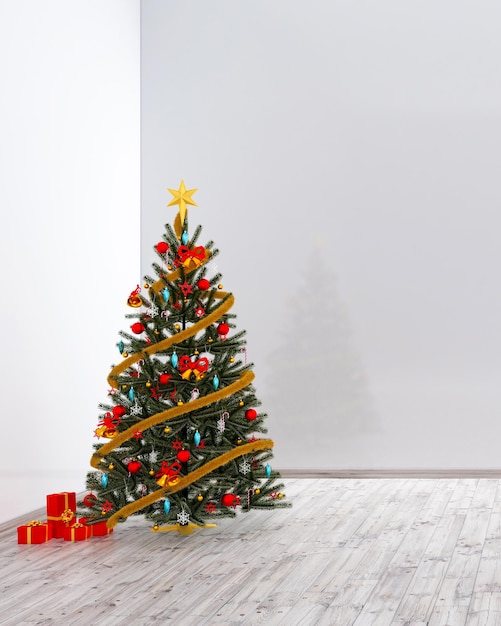 Árbol de Navidad con adornos rojos y dorados y cajas de regalo rojas en una habitación vacía en formato vertical.