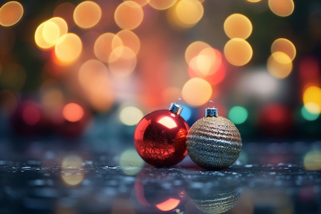 Árbol de Navidad Adornos rojos y verdes contra un fondo de luces desenfocado