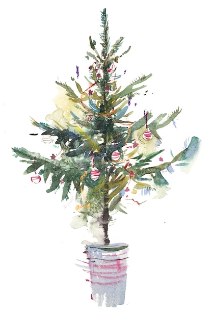 Árbol de Navidad. Año nuevo, celebración de Navidad. Dibujo de acuarela. Pintura de acuarela