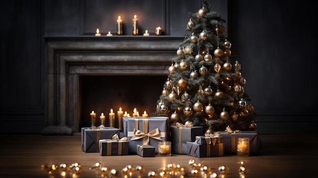 Árbol de Navidad arafado con regalos y velas encendidas frente a una chimenea