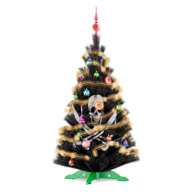 Árbol de Navidad con bandera pirata 3D rendering aislado sobre fondo blanco.