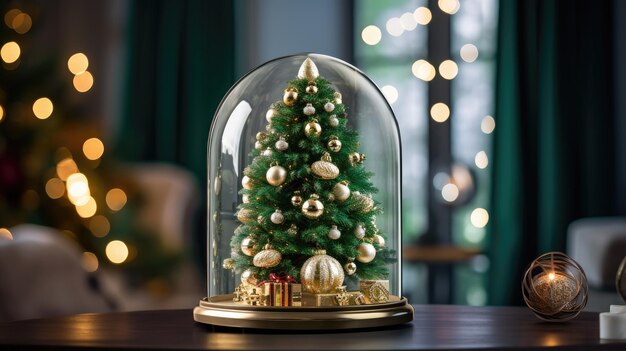 Árbol de Navidad en bauble colgando rama de abeto con cajas de regalos en noche abstracta azul