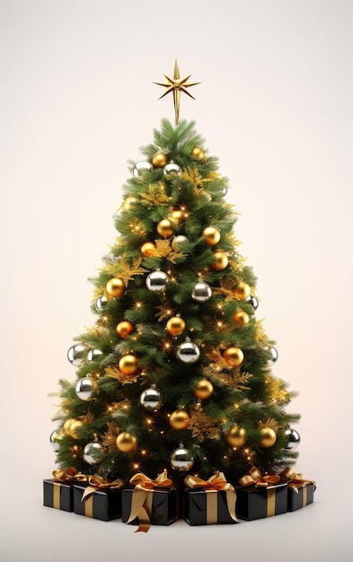 Árbol de Navidad bellamente decorado con muchos regalos debajo creado con tecnología Generative Al
