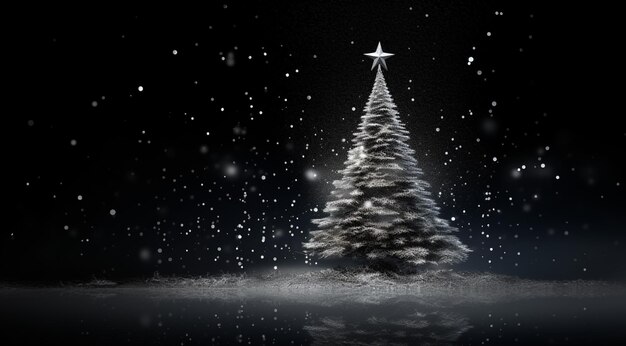 Árbol de Navidad blanco sobre fondo negro con estrellas.