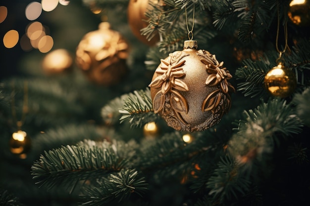 Árbol de Navidad con bolas de decoración concepto de fiestas y festividadesAI generativa