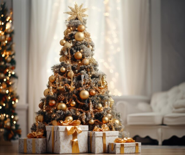 Árbol de Navidad con bolas doradas en el fondo de la ventana Cajas de regalos con un arco bajo Christm