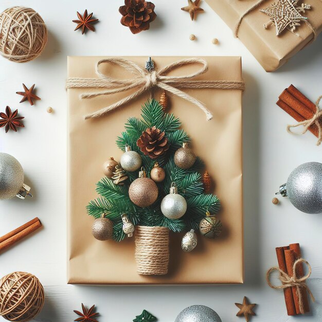 Árbol de Navidad en una bolsa de regalos de artesanía bolas decorativas sobre un fondo blanco