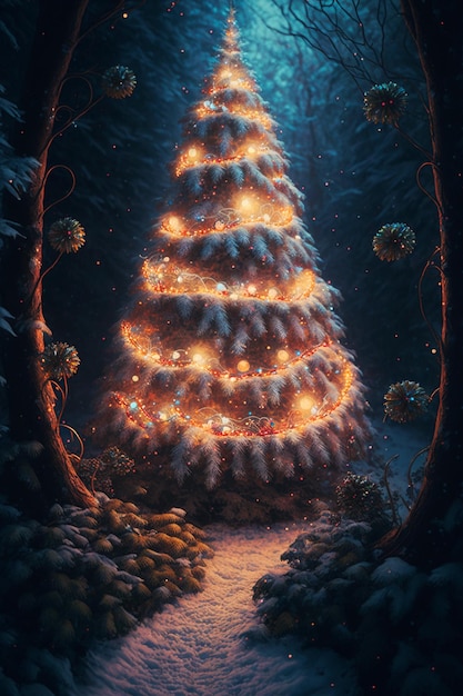 Árbol de navidad en el bosque por la noche