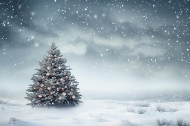 Árbol de Navidad en bosques cubiertos de nieve por la noche