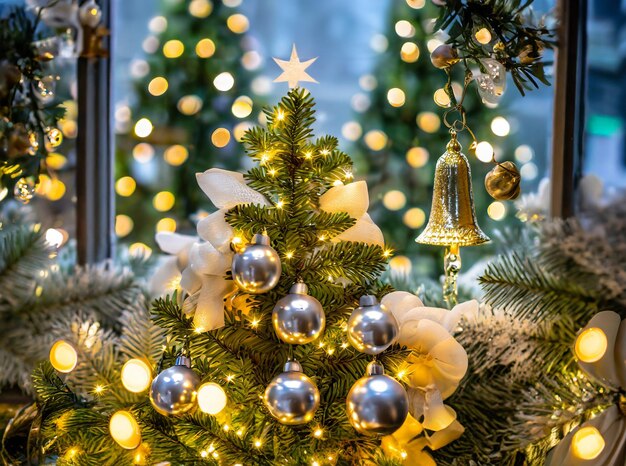 Árbol de Navidad brillante con adornos de plata y oro luces centelleantes y campanas tintineantes