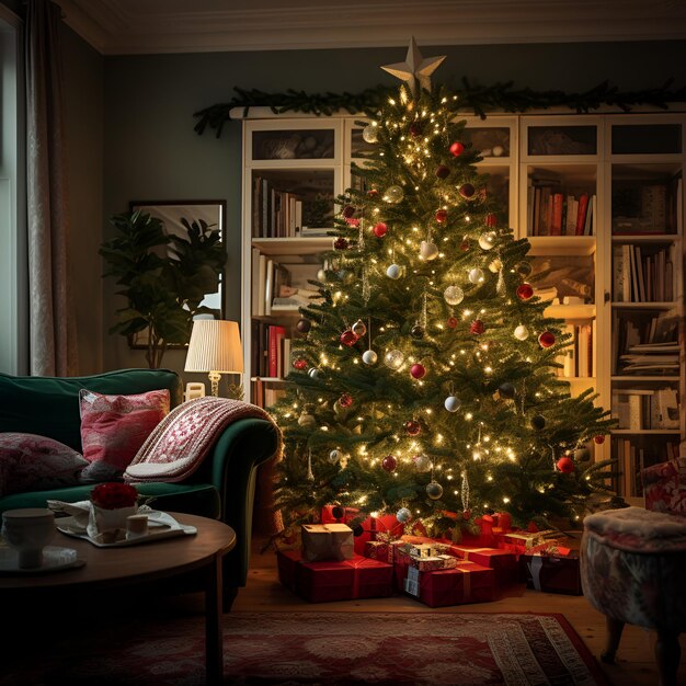 Árbol de Navidad brillante en la sala de estar