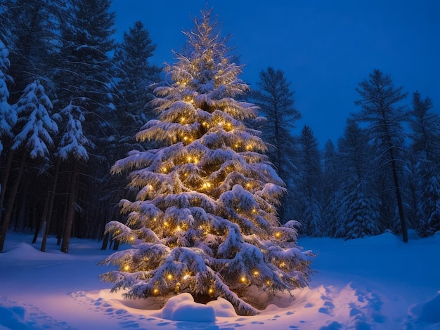 Árbol de Navidad brillante sobre un fondo azul en la nieve.