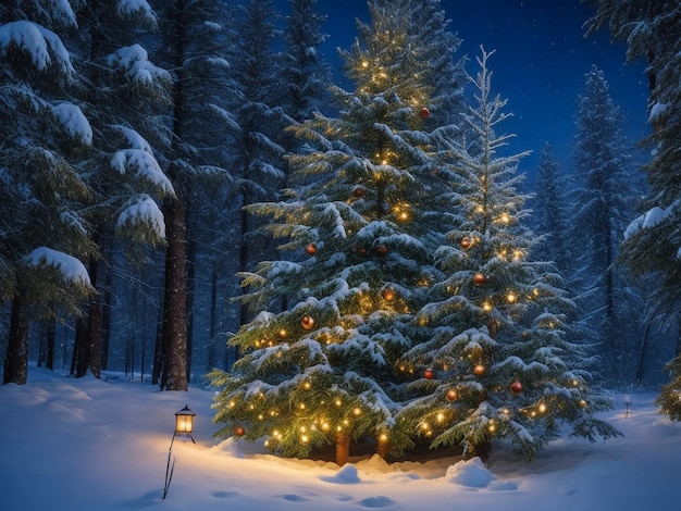 Árbol de Navidad brillante sobre un fondo azul en la nieve.