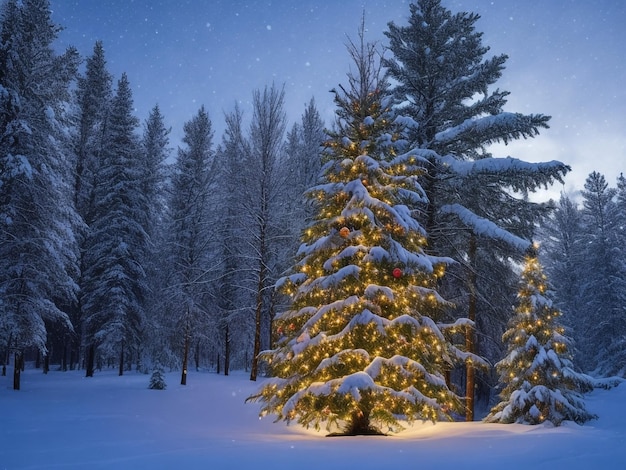 Árbol de Navidad brillante sobre un fondo azul en la nieve.