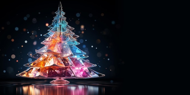 Árbol de Navidad brillante de vidrio de colores contra luces bokeh en fondo negro Copiar espacio