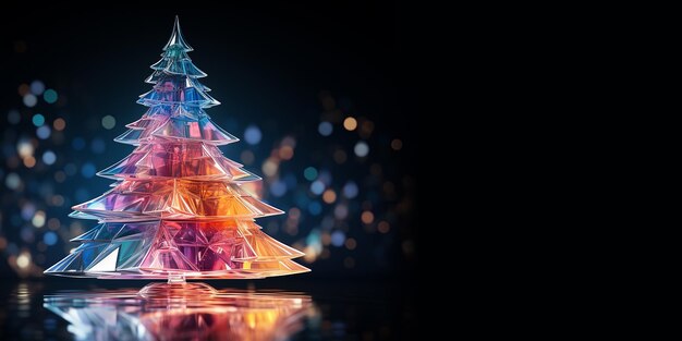 Árbol de Navidad brillante de vidrio colorido contra luces bokeh en fondo negro Copiar espacio