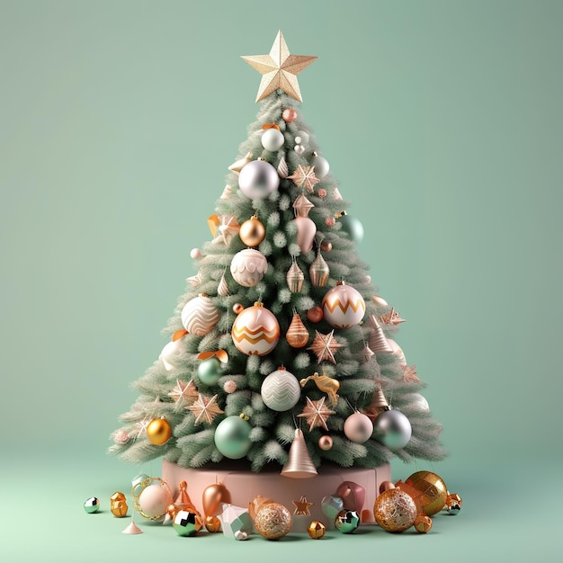 Árbol de navidad con caja de regalo en espacio de copia de fondo pastel