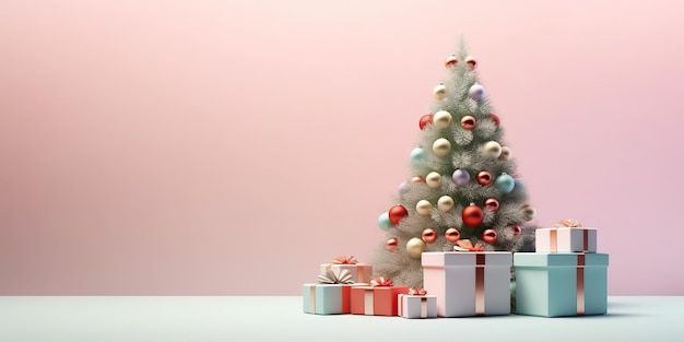 Árbol de navidad con caja de regalo en la esquina en un espacio de copia de fondo pastel