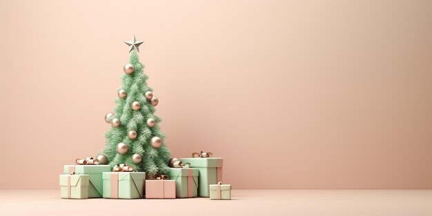 Árbol de navidad con caja de regalo en la esquina en un espacio de copia de fondo pastel