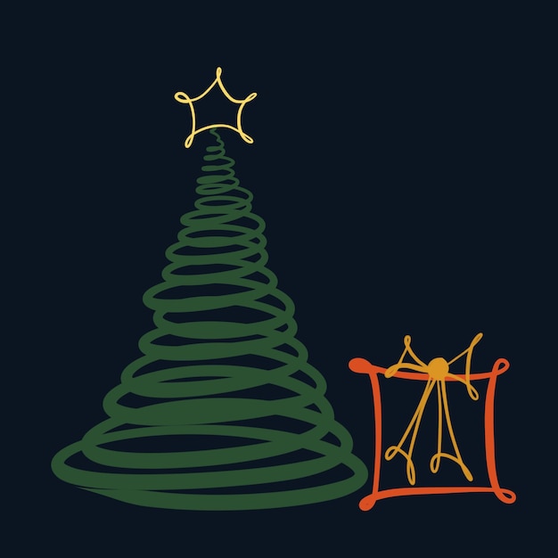 Árbol Navidad caja de regalo estrella lindo dibujo negro Una ilustración digital Textura dibujada a mano