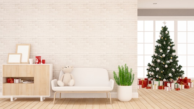 Árbol de navidad y caja de regalo en salón o habitación infantil.