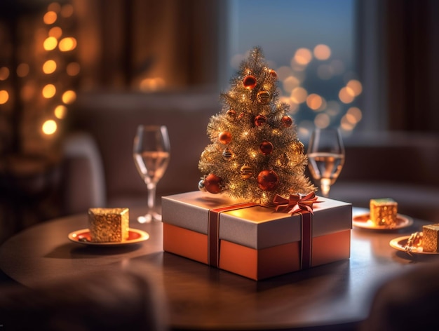 Árbol de Navidad y caja de regalos en una mesa de madera en la sala de estar