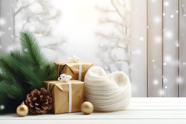 Árbol de Navidad y cajas de regalos decoraciones en mesa de madera con luces bokeh nieve borrosa paisaje de invierno