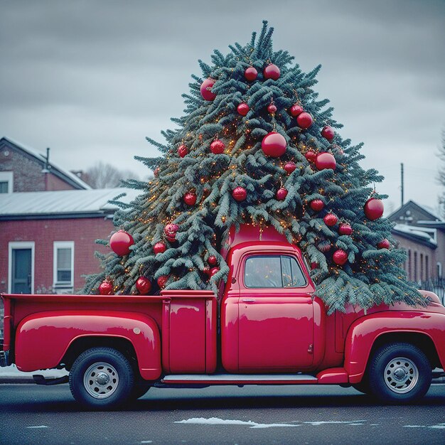 Árbol de Navidad en una camioneta roja IA generativa