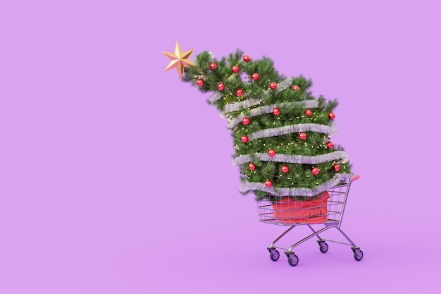 Árbol de Navidad en un carrito de compras.