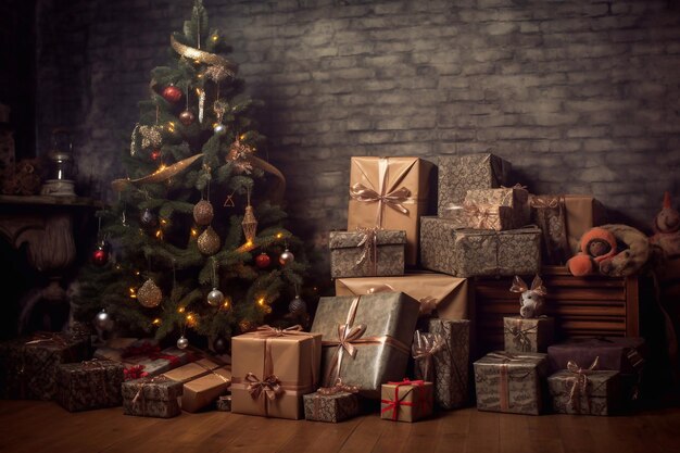 Árbol de Navidad Celebración navideña Regalos bajo el árbol de Navidad.